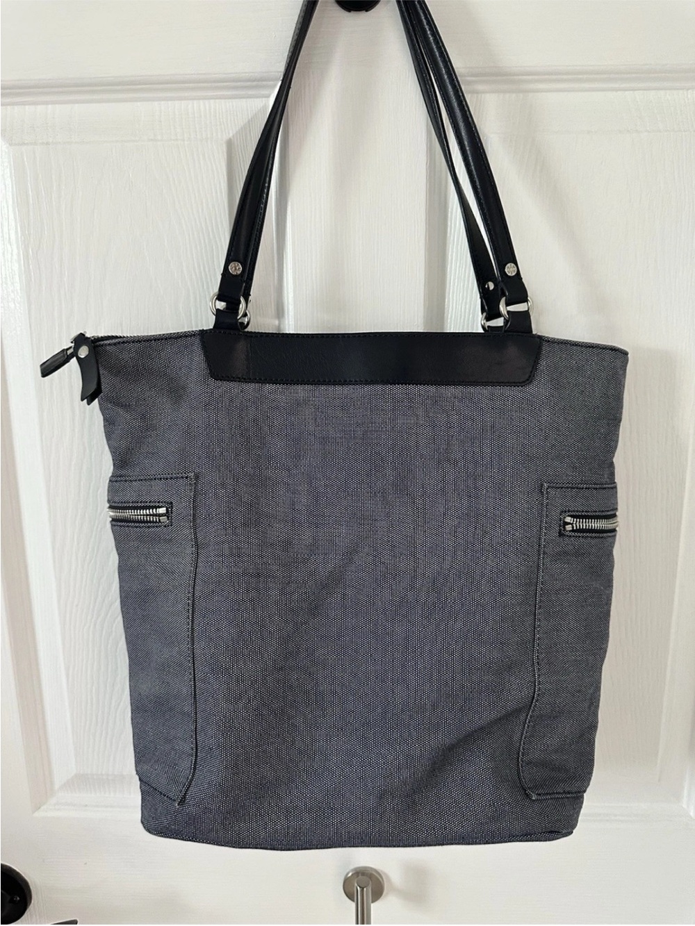MZ Wallace Women's blue denim and navy leather Tote Bag Zip Closure Pocket - Picture 2 of 6